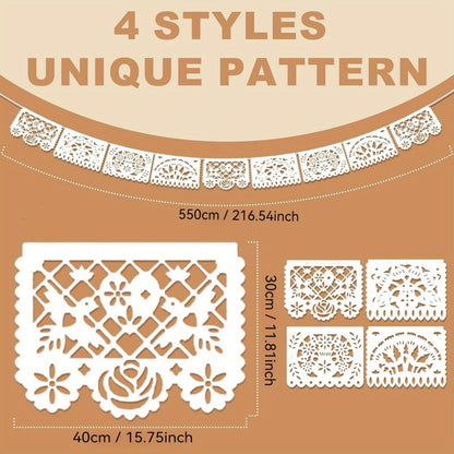 Papel Picado Banners 5 Pack White – Mexican Fiesta Party Decorations, Day of the Dead Decor, Cinco de Mayo Banner, Wedding Fiesta Supplies, 4 Designs 90 Feet Plastic Flags