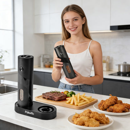 Electric Pepper Grinder Set of 2, Rechargeable with Charging Base, 6 Adjustable Coarseness Settings, Built-in LED Light & ABS Motor — Salt & Pepper Mill for Peppercorns & Spices, Brush Included