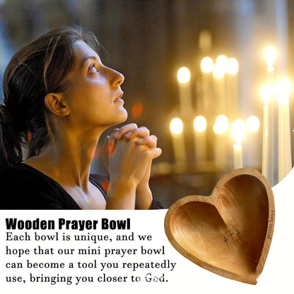 Wooden Prayer Bowl with 24 Prayer Cards – Hand-Carved Heart Shaped Cross Engraved Vintage Religious Gift Set for Easter, Christmas, Thanksgiving, Home Altar & Prayer Room Tabletop Decor