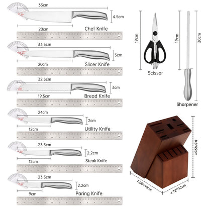 Kitchen Knife Set 15 Piece – Chef Knife Block Set with Self-Sharpening Wooden Block, Steak Knives & Hammered Stainless Steel Blades, Perfect Gift for Home Cooks & Men