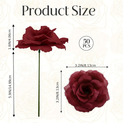 Silk Artificial Roses 50pcs with Stems | 3 Inch Flower Head Detachable DIY Fake Roses | Wedding Bouquet Valentine's Day Home Decor in Black Red Wine Red