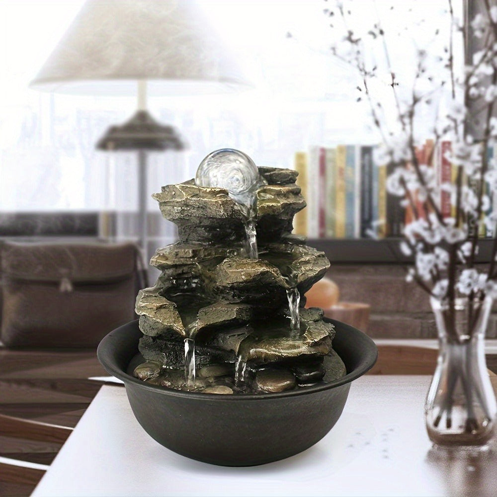 Indoor Tabletop Fountain with LED Lights – Crystal Ball Rolling Waterfall Desktop Zen Fountain Humidifier for Living Room Office Bedroom