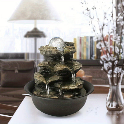 Indoor Tabletop Fountain with LED Lights – Crystal Ball Rolling Waterfall Desktop Zen Fountain Humidifier for Living Room Office Bedroom