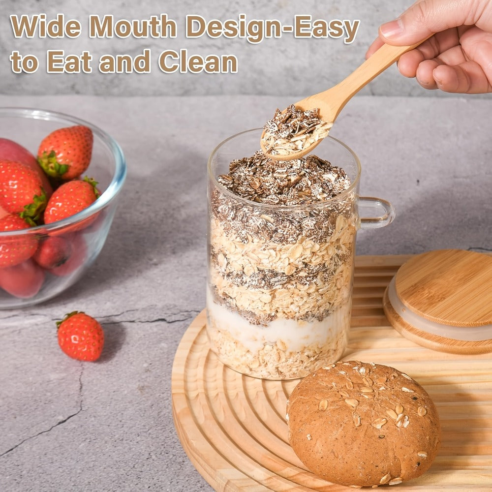 Overnight Oats Jars with Bamboo Lids & Spoons, 500ml Glass Meal Prep Containers — Dessert Bowl Set for Chia Pudding, Salad, Cereal, Yogurt & Sourdough Starter | 4 or 6 Pack