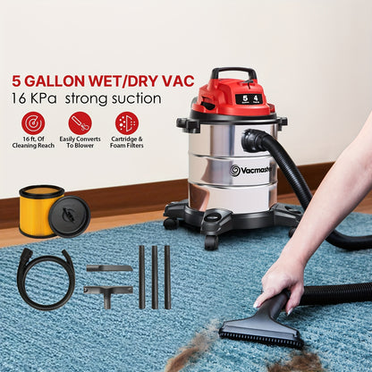 Wet Dry Vacuum Cleaner Shop Vac Stainless Steel 5 or 8 Gallon with Blower Function Powerful Suction for Garage Car Home Workshop and Pet Hair