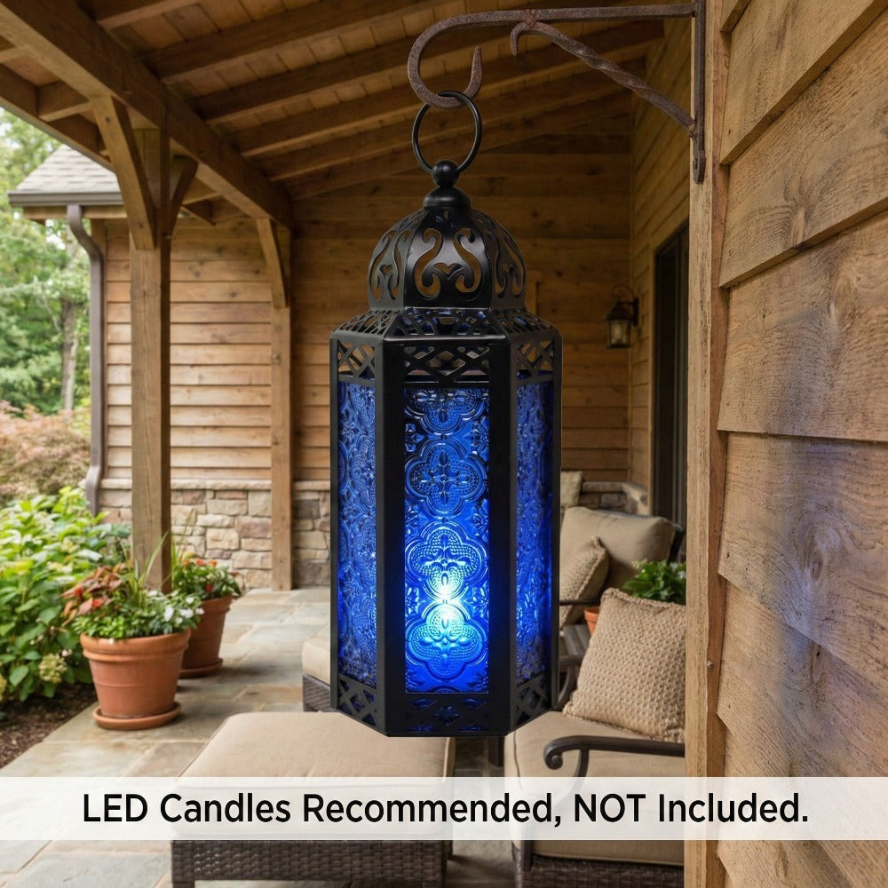 Moroccan Candle Lantern Holder - Decorative Metal & Glass Lantern with Embossed Floral Design for Indoor Home Decor, Garden, Patio, Weddings, Ramadan, Halloween & Holiday Celebrations - 10.5" Tall Medium Size
