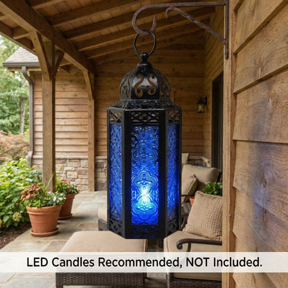 Moroccan Candle Lantern Holder - Decorative Metal & Glass Lantern with Embossed Floral Design for Indoor Home Decor, Garden, Patio, Weddings, Ramadan, Halloween & Holiday Celebrations - 10.5" Tall Medium Size