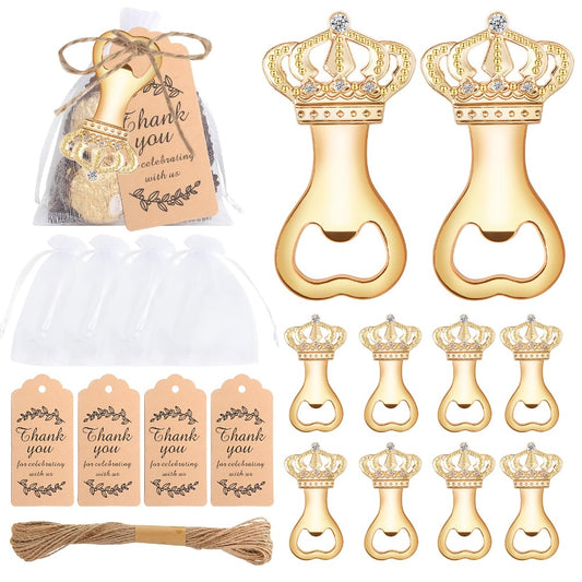 Crown Bottle Opener Wedding Favors 10 Sets 31pcs - Rose Gold Party Gift for Guests with Organza Bag Thank You Tag Twine for Bridal Shower Birthday Baby Shower Bar Kitchen