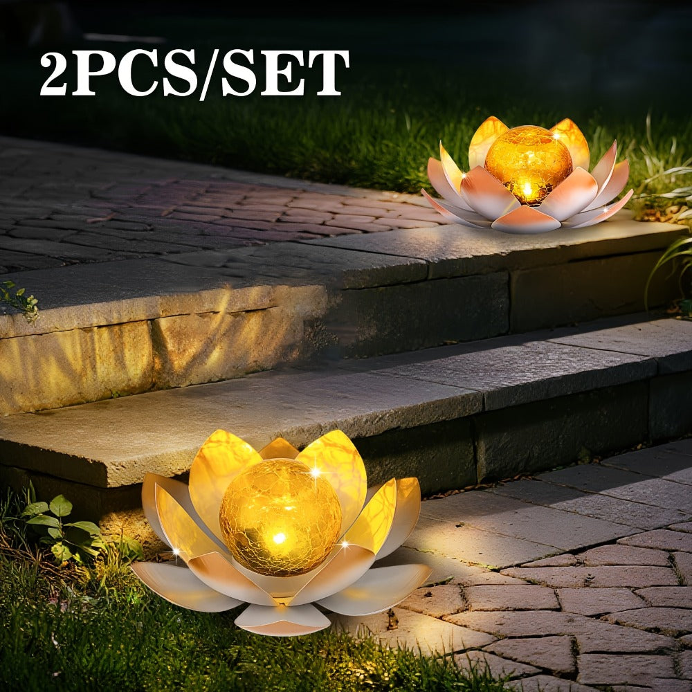Solar Lotus Garden Lights 2-Pack – Rustic Iron Outdoor Stake Light with Cracked Glass Globe, IPX4 Waterproof Solar Powered Yard Lawn Patio Pool Decor, Warm Glow Landscape Lighting Gift