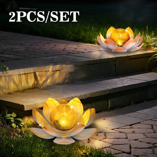 Solar Lotus Garden Lights 2-Pack – Rustic Iron Outdoor Stake Light with Cracked Glass Globe, IPX4 Waterproof Solar Powered Yard Lawn Patio Pool Decor, Warm Glow Landscape Lighting Gift