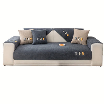 Plush Shearling Sofa Cover Non-Slip Pet-Friendly Couch Protector Animal Bone Embroidery Soft Warm for Living Room Bedroom Office 2 3 4 Seater