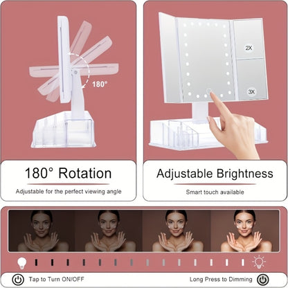 Lighted Makeup Mirror with Storage – Tri-Fold Vanity Mirror 24 LED Lights, Touch Screen, 3X/2X/1X Magnification, 180° Rotation, Dual Power Supply, White & Rose Gold