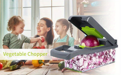 Vegetable Chopper 16-in-1 Manual Food Chopper Set – 8 Interchangeable Blades with Container, Grater & Strainer – Professional Onion Slicer & Dicer for Carrots, Garlic & Salad Kitchen Prep