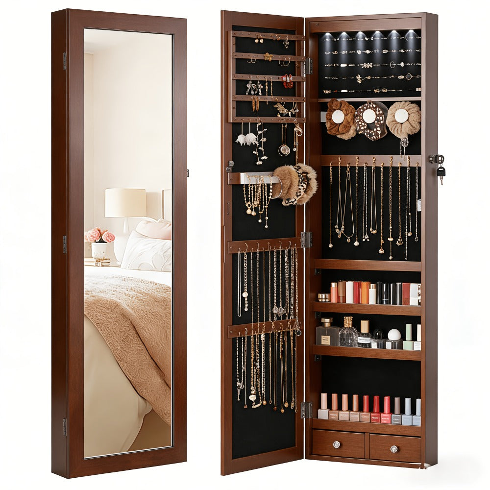 Jewelry Armoire Floor Standing 47.2" Full-Length Mirror Cabinet with 6 LED Lights Dual Lock, Jewelry Organizer for Necklaces Earrings Rings Bracelets, Bedroom Closet Storage 4 Colors