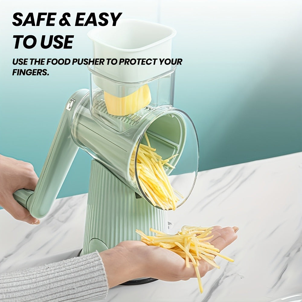 Rotary Cheese Grater with Interchangeable Blades – 5-in-1 Manual Vegetable Slicer Shredder Set, Suction Cup Base, Easy to Clean, Multifunctional Kitchen Tool for Fruits, Vegetables & Nuts