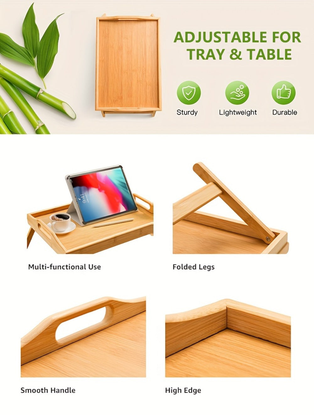 Bamboo Bed Tray Table with Foldable Legs & Handles, Breakfast Tray for Eating, Working & Snacking in Bed — Food-Safe, Durable Lap Desk | White, Black, Natural Bamboo | 1 or 2 Pack