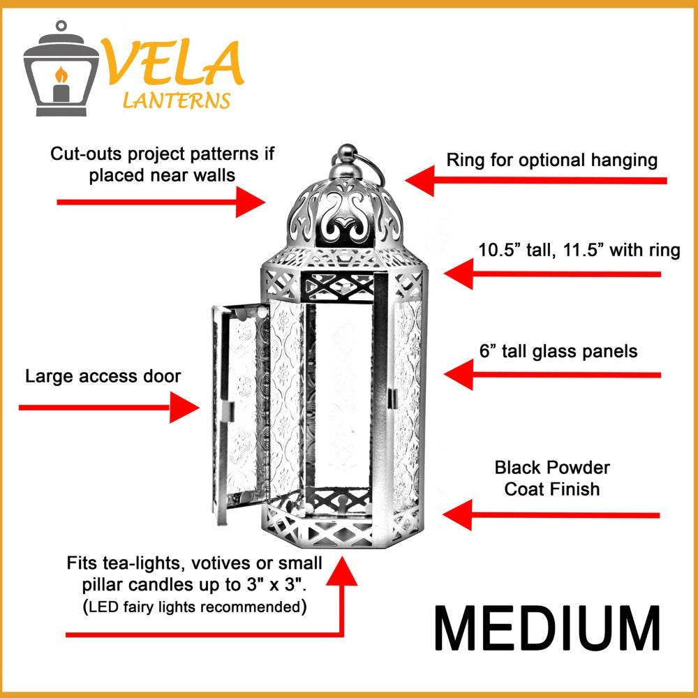 Moroccan Candle Lantern Holder - Decorative Metal & Glass Lantern with Embossed Floral Design for Indoor Home Decor, Garden, Patio, Weddings, Ramadan, Halloween & Holiday Celebrations - 10.5" Tall Medium Size