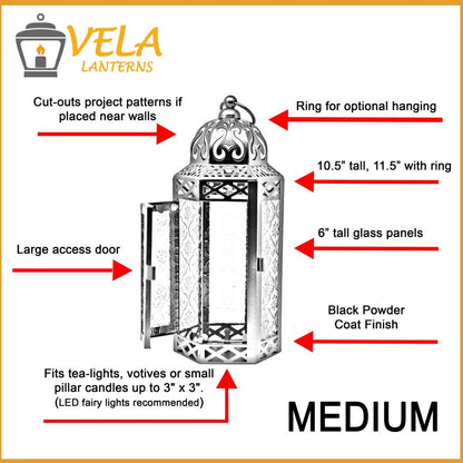 Moroccan Candle Lantern Holder - Decorative Metal & Glass Lantern with Embossed Floral Design for Indoor Home Decor, Garden, Patio, Weddings, Ramadan, Halloween & Holiday Celebrations - 10.5" Tall Medium Size