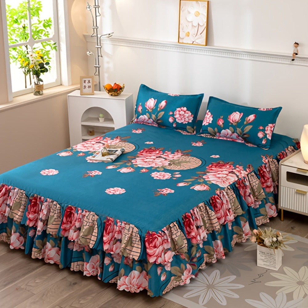 Floral Bed Skirt Set 3-Piece – 1 Ruffled Dust Ruffle Bed Skirt + 2 Pillowcases | Peony & Botanical Print | Double-Layer Hem | Machine Washable Polyester Bedding | 150, 180 & 200cm