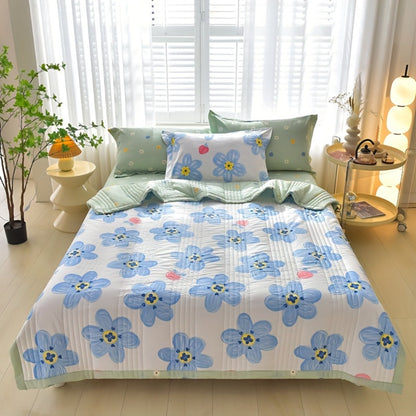Quilt Set 3 Piece Summer Cooling – Floral Printed Thin Comforter with 2 Pillowcases, Soft Skin-Friendly Bedding for Twin Full Queen King, All Season Lightweight Blanket for Bedroom Hotel Guest Room
