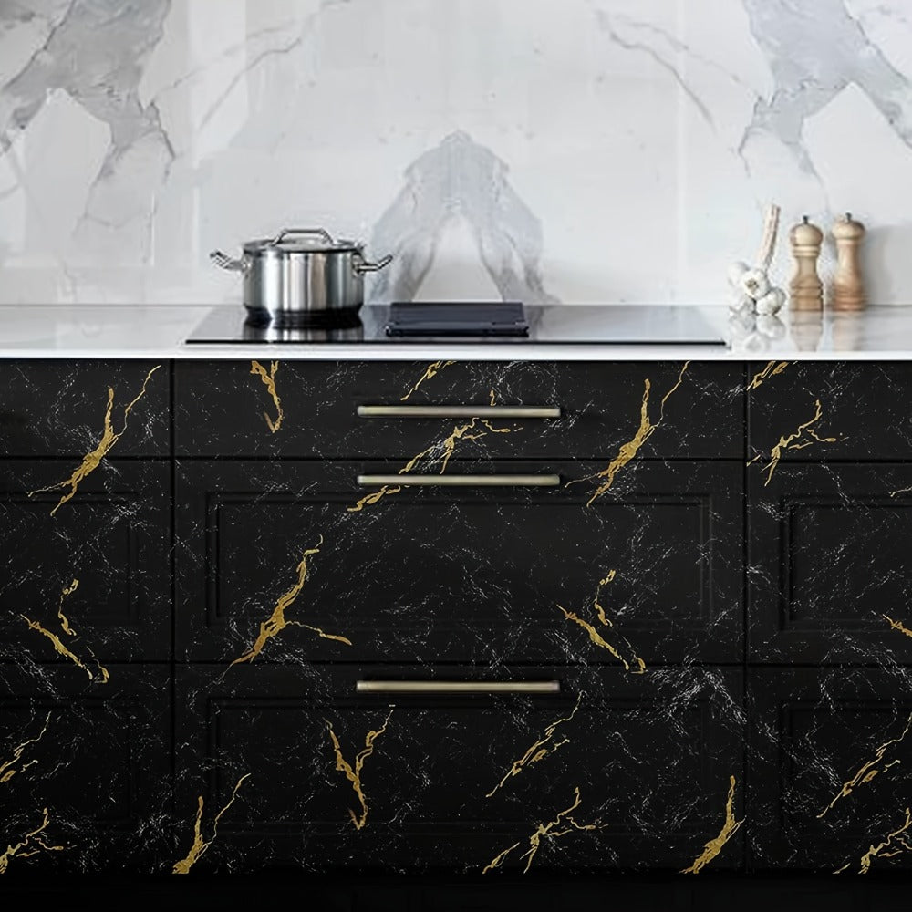Black Marble Wallpaper Self-Adhesive Peel and Stick | Gold Vein Kitchen Backsplash Contact Paper | 23.62" x 196.85" Large Removable Wall Sticker for Modern Home Decor, Countertop & Furniture Wrap