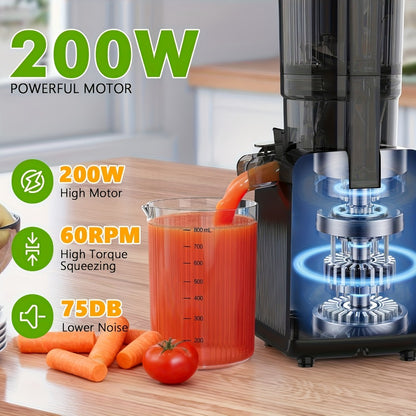 Cold Press Juicer Machine with Large Feed Chute - Slow Masticating Juicer for Whole Fruits & Vegetables, High Juice Yield, Easy to Assemble & Clean, LED Display Option, Silver, for Home & Kitchen