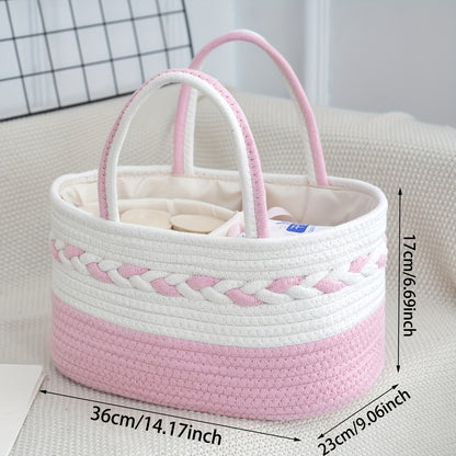 Boho Rope Storage Basket Woven Foldable Organizer 14" Large Capacity - Removable Lining Striped Shelf Basket with Handle for Home Bedroom Living Room Laundry Decor