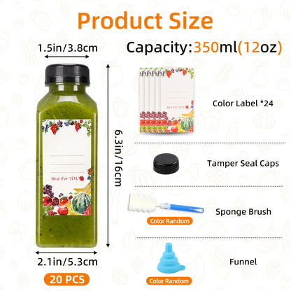 Plastic Juice Bottles with Lids - Clear Reusable Drink Containers for Juice Smoothies Water and Beverages, Available in 12oz and 16oz in Sets of 20, 36, 56 or 100, Includes Funnel and Cleaning Brush