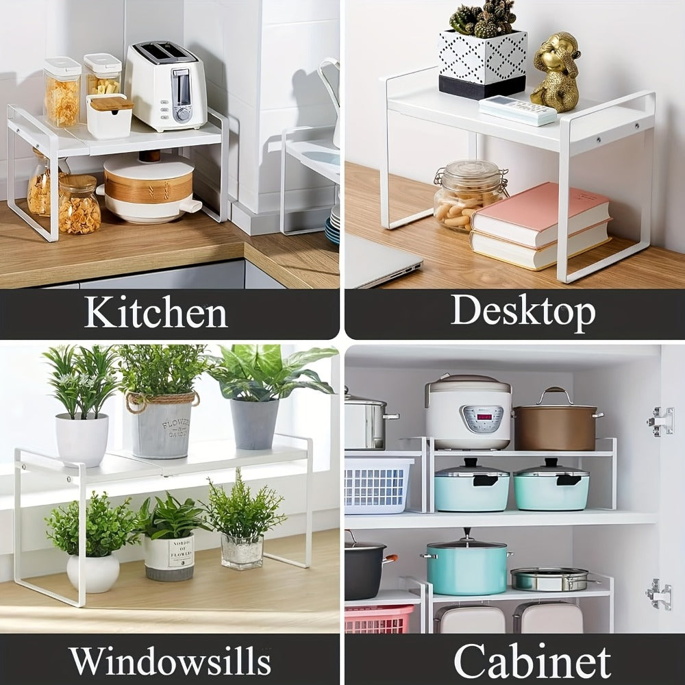 Expandable Cabinet Shelf Organizer Riser – Height Adjustable Retractable Rack with Suction Cup Base for Kitchen Pantry Cupboard Under Sink Countertop, Heavy Duty Metal Space Saver, Stackable Storage