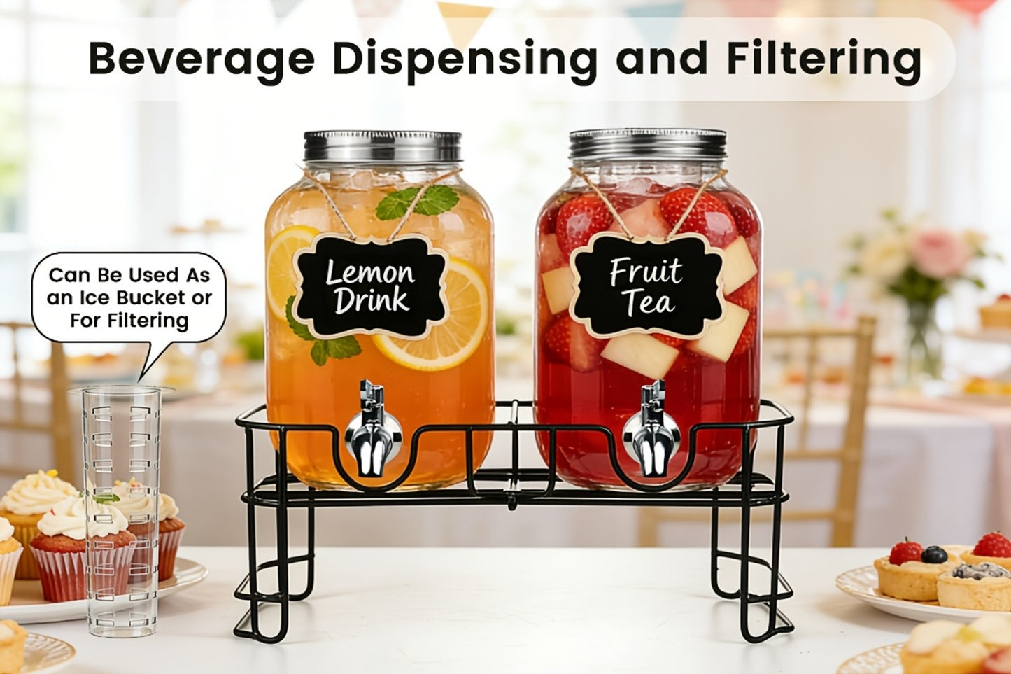 Glass Drink Dispenser with Fruit Infuser, Ice Cylinder & Stainless Steel Spigot – 1 Gallon Beverage Dispenser with Stand for Parties, Weddings, BBQ & Lemonade