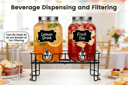 Glass Drink Dispenser with Fruit Infuser, Ice Cylinder & Stainless Steel Spigot – 1 Gallon Beverage Dispenser with Stand for Parties, Weddings, BBQ & Lemonade