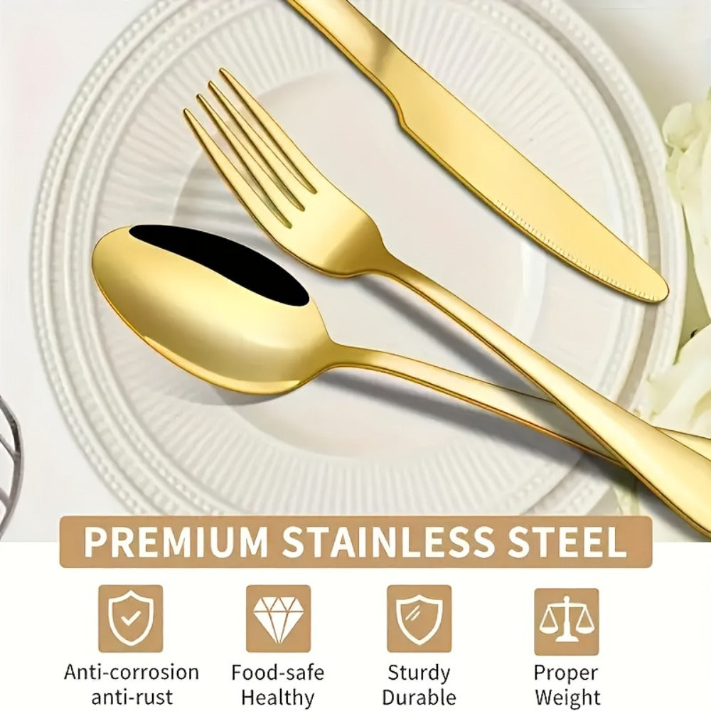Flatware Set for 12, 60-Piece 304 Stainless Steel Cutlery Set with Mirror Polish & Titanium Plated Finish — Dishwasher Safe Silverware with Knife, Fork & Spoon | Silver, Gold & Rainbow