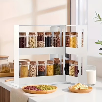 Rotating Spice Rack 2-Tier Turntable – Large Capacity Pull-Out Kitchen Organizer for Countertop & Cabinet – Multi-Functional 360° Spinning Storage Rack for Spices, Condiments & Kitchen Essentials