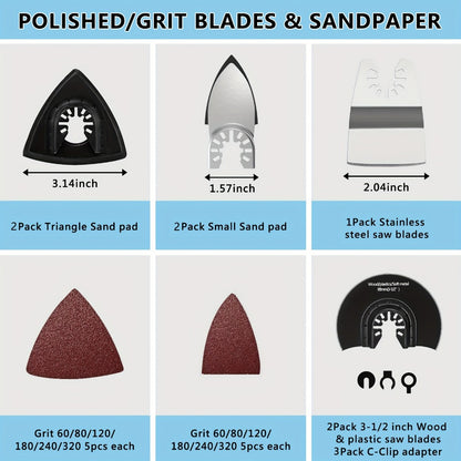 Oscillating Tool Blade Kit 98PCS Multi Tool Blades with Sanding Pads Sandpaper for Cutting Wood Plastic Metal Nails PVC Drywall Fits Most Oscillating Tool Models Universal