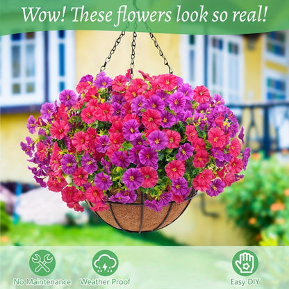 Artificial Hanging Flowers Outdoor UV-Resistant Fake Petunias with Planter Basket – Realistic Faux Hanging Plants for Garden Patio Porch Balcony Railing Decor