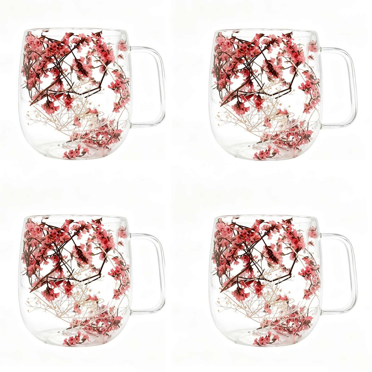 Double Wall Glass Coffee Cups with Handle Set of 4 – Borosilicate Thermal Mugs for Latte Cappuccino Tea | Dried Flower & Petal Design Transparent Drinkware for Office Home Gifts