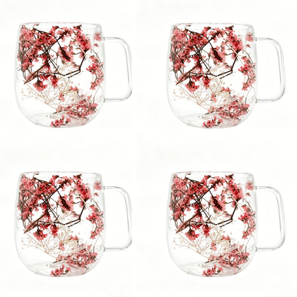 Double Wall Glass Coffee Cups with Handle Set of 4 – Borosilicate Thermal Mugs for Latte Cappuccino Tea | Dried Flower & Petal Design Transparent Drinkware for Office Home Gifts