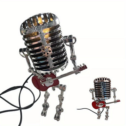 Vintage Microphone Robot Guitar Lamp USB Powered – Retro Decorative Night Light for Music Lovers, Guitar Players, Home, Bar & Office Desk Decor (Red / Yellow)