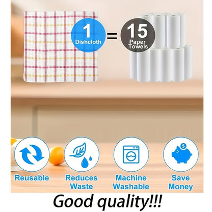 Kitchen Dish Cloths Set 12 Pcs – Super Absorbent Waffle Weave Dishwashing & Scrubbing Towels, Christmas Holiday Plaid Pattern, Assorted Colors, 12x12 Inch Reusable Cleaning Cloths