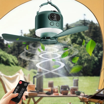 Portable Camping Ceiling Fan 10400mAh USB Rechargeable Remote Control 4-Speed Mute Fan Lamp with Phone Charging for Outdoor Tent Dorm Home White Dark Green