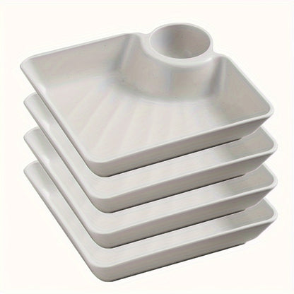 Colorful Serving Plates Set 4 Piece - BPA-Free PP Rectangular Snack, Sushi & Appetizer Plates with Dipping Sauce Compartments for Charcuterie Boards, Desserts & Holiday Party Entertaining