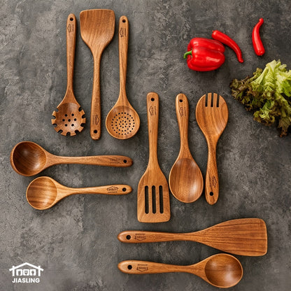 Wooden Spoons for Cooking 10 Pcs – Teak Wood Kitchen Utensils Set, Non-Stick Safe Spatulas & Spoon Cooking Tools
