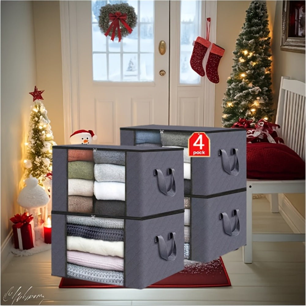Large Capacity Storage Bags 4-Pack – 23.78 Gallon Foldable Closet Organizer Bins with Reinforced Handles for Clothing, Blankets, Comforters, Bedding & Under-Bed Storage – Black & Gray