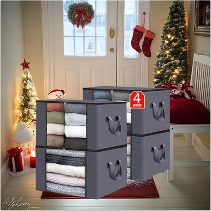 Large Capacity Storage Bags 4-Pack – 23.78 Gallon Foldable Closet Organizer Bins with Reinforced Handles for Clothing, Blankets, Comforters, Bedding & Under-Bed Storage – Black & Gray