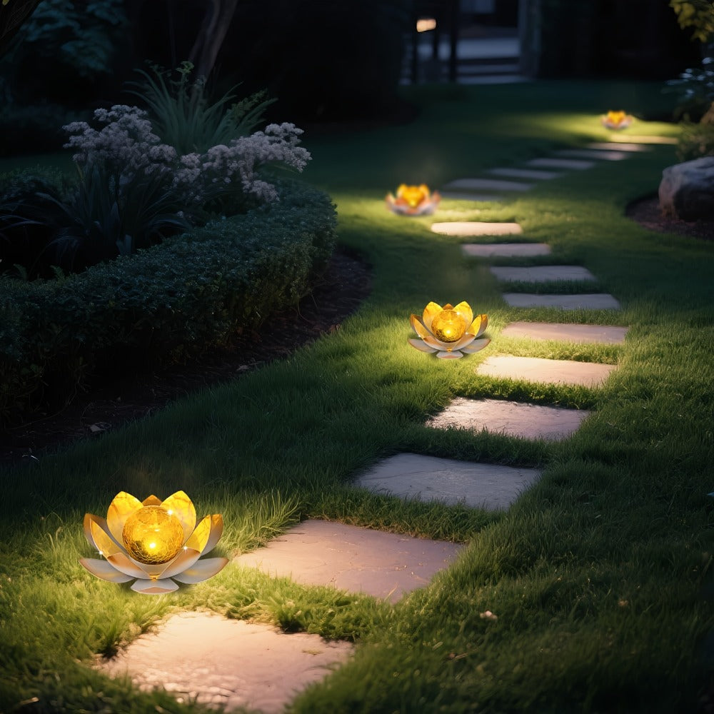 Solar Lotus Garden Lights 2-Pack – Rustic Iron Outdoor Stake Light with Cracked Glass Globe, IPX4 Waterproof Solar Powered Yard Lawn Patio Pool Decor, Warm Glow Landscape Lighting Gift