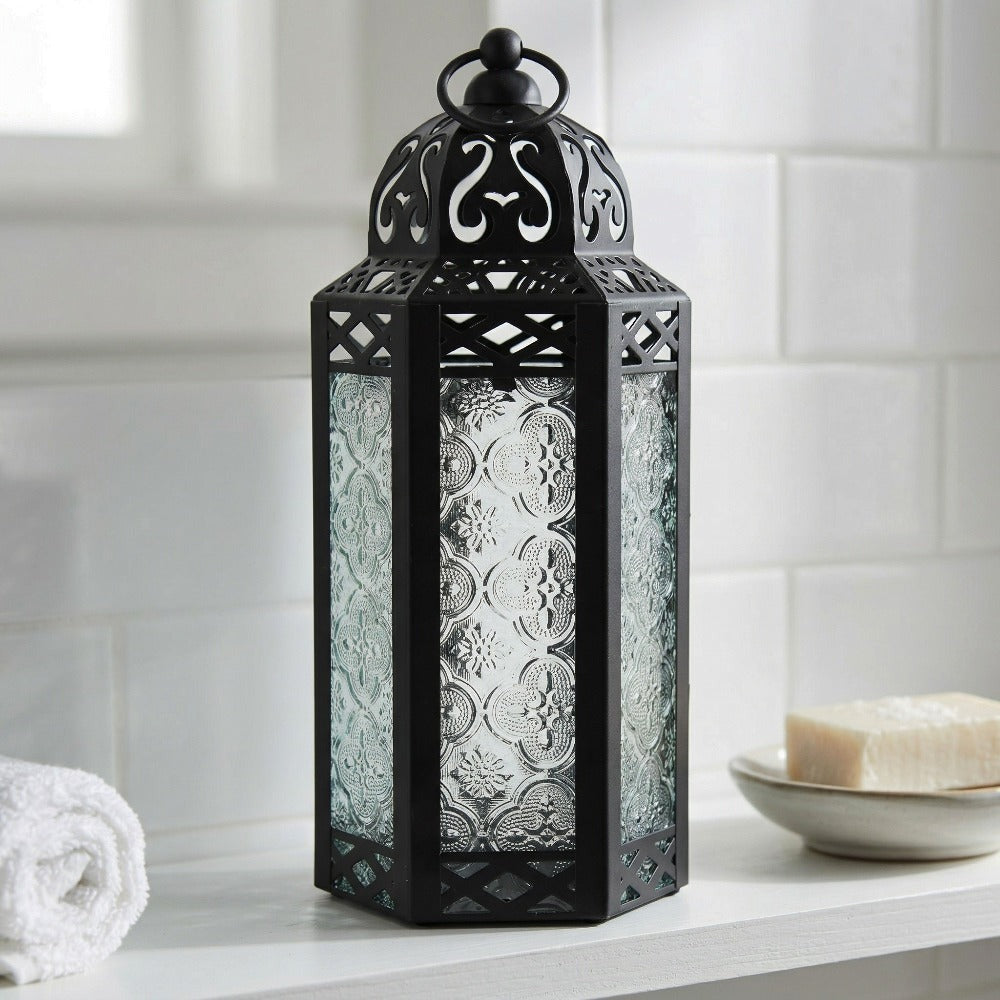 Moroccan Candle Lantern Holder - Decorative Metal & Glass Lantern with Embossed Floral Design for Indoor Home Decor, Garden, Patio, Weddings, Ramadan, Halloween & Holiday Celebrations - 10.5" Tall Medium Size