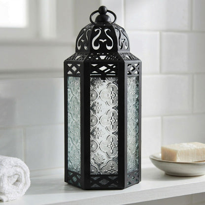 Moroccan Candle Lantern Holder - Decorative Metal & Glass Lantern with Embossed Floral Design for Indoor Home Decor, Garden, Patio, Weddings, Ramadan, Halloween & Holiday Celebrations - 10.5" Tall Medium Size