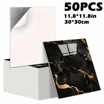 Peel and Stick Wall Tiles 50/100pcs - Waterproof PVC Marble Self-Adhesive Vinyl Panels for Bathroom Shower Kitchen Living Room TV Backdrop, Modern Wall Decor Easy Installation No Grout Required