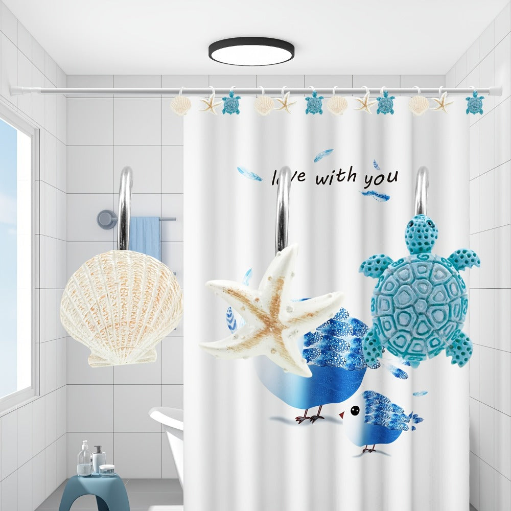 12pcs Resin Marine Shower Curtain Hooks – Blue Turtle & Starfish Shell Decorative Bathroom Curtain Ring Hangers Home Decor Accessories