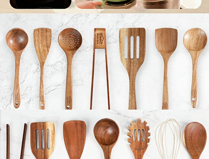 Wooden Kitchen Utensils Set 3/5/7Pcs – Natural Wood Spoons, Spurtle, Ladle & Wok Spatulas for Non-Stick Pans | Heat Resistant, Ergonomic Handle, Easy to Clean